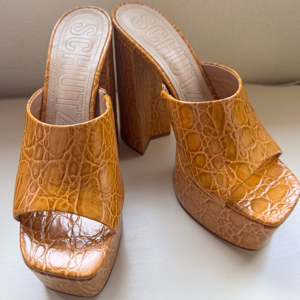 SCHUTZ Croc-Embossed Platform Mules in Cognac Tan
